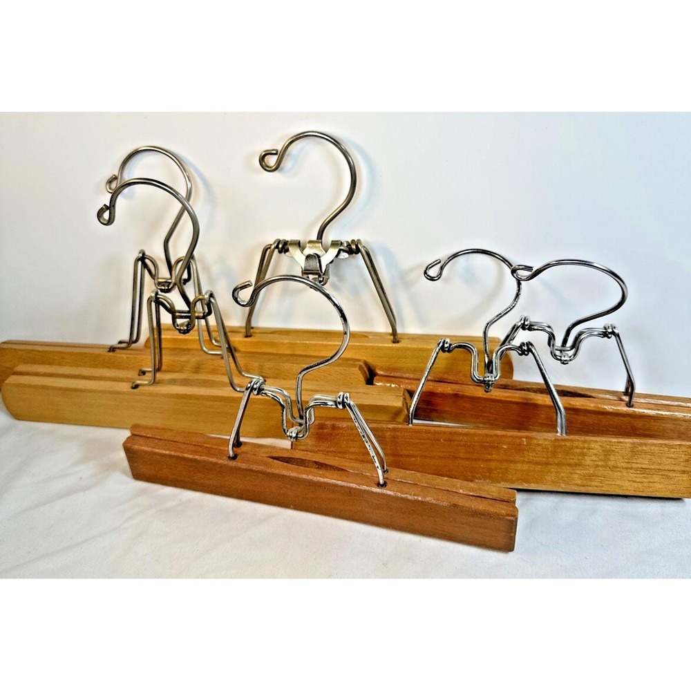 Lot of 6 Vintage Matching 9"/11"No Slip Wooden Pants/Skirt Hangers with Clamps